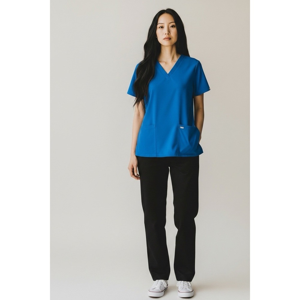 FIGS Women's Blue V-Neck Scrub Top Short Sleeve 2 Pocket Medical Workwear